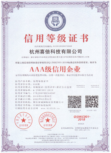 恭喜我公司（喜倍科技）获得企业信用等级AAA级认定